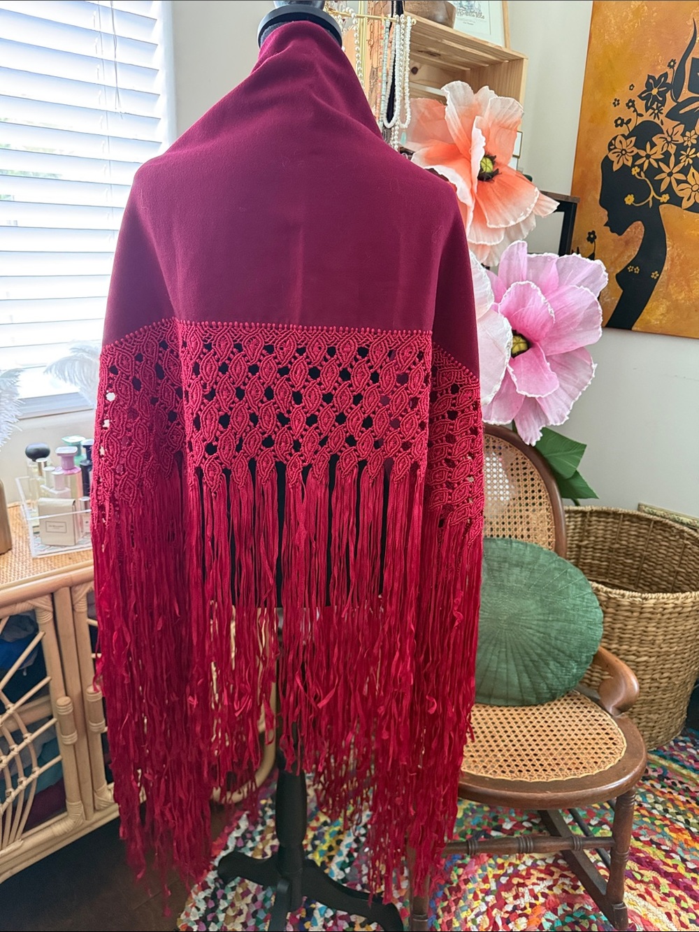 Vintage Crimson Macrame Fringe Gothic Romance Witchy Flamenco Piano Shawl Wrap